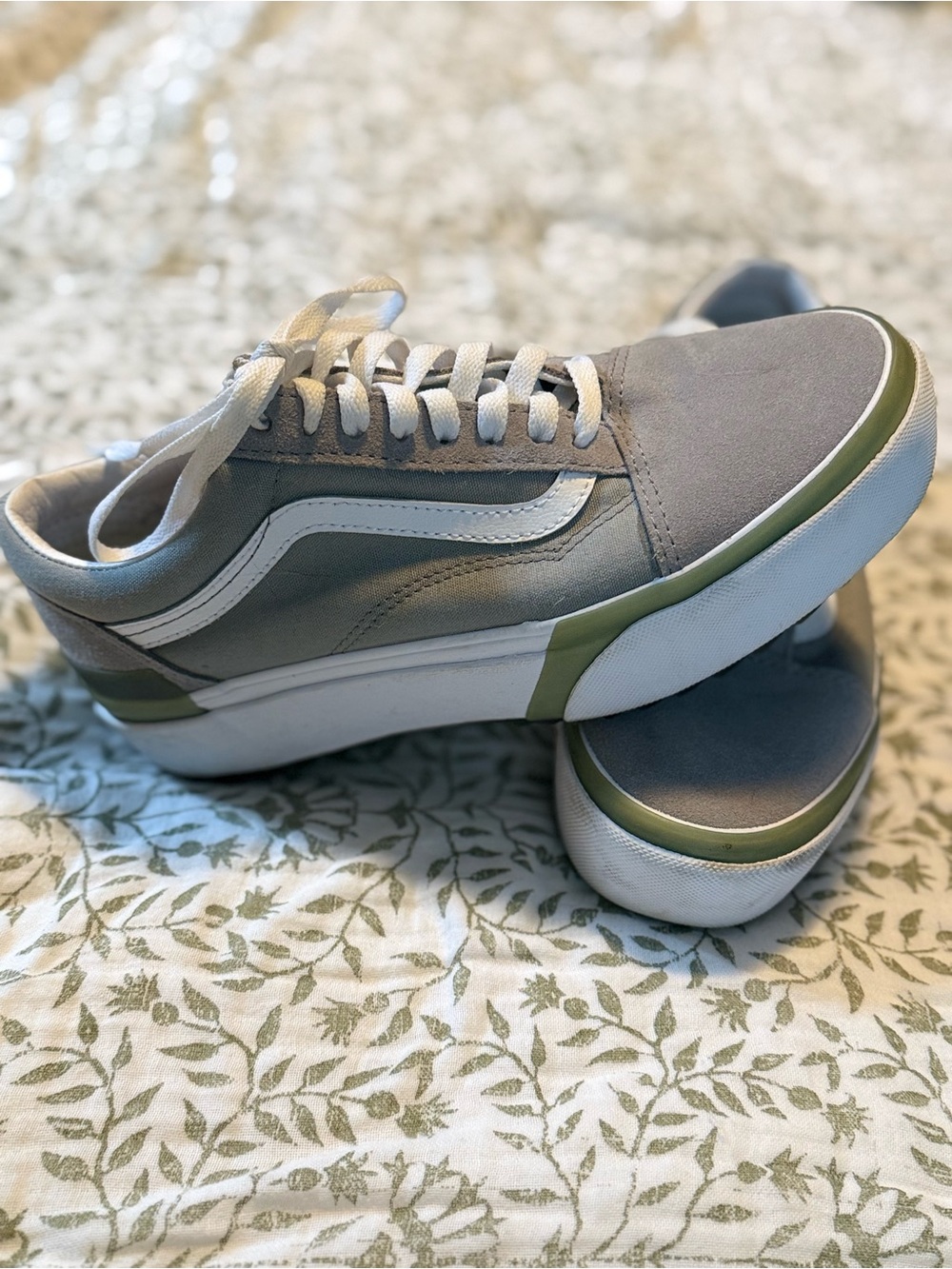 Platform Vans Taupe Low-Top Sneakers with White & Green Stripe